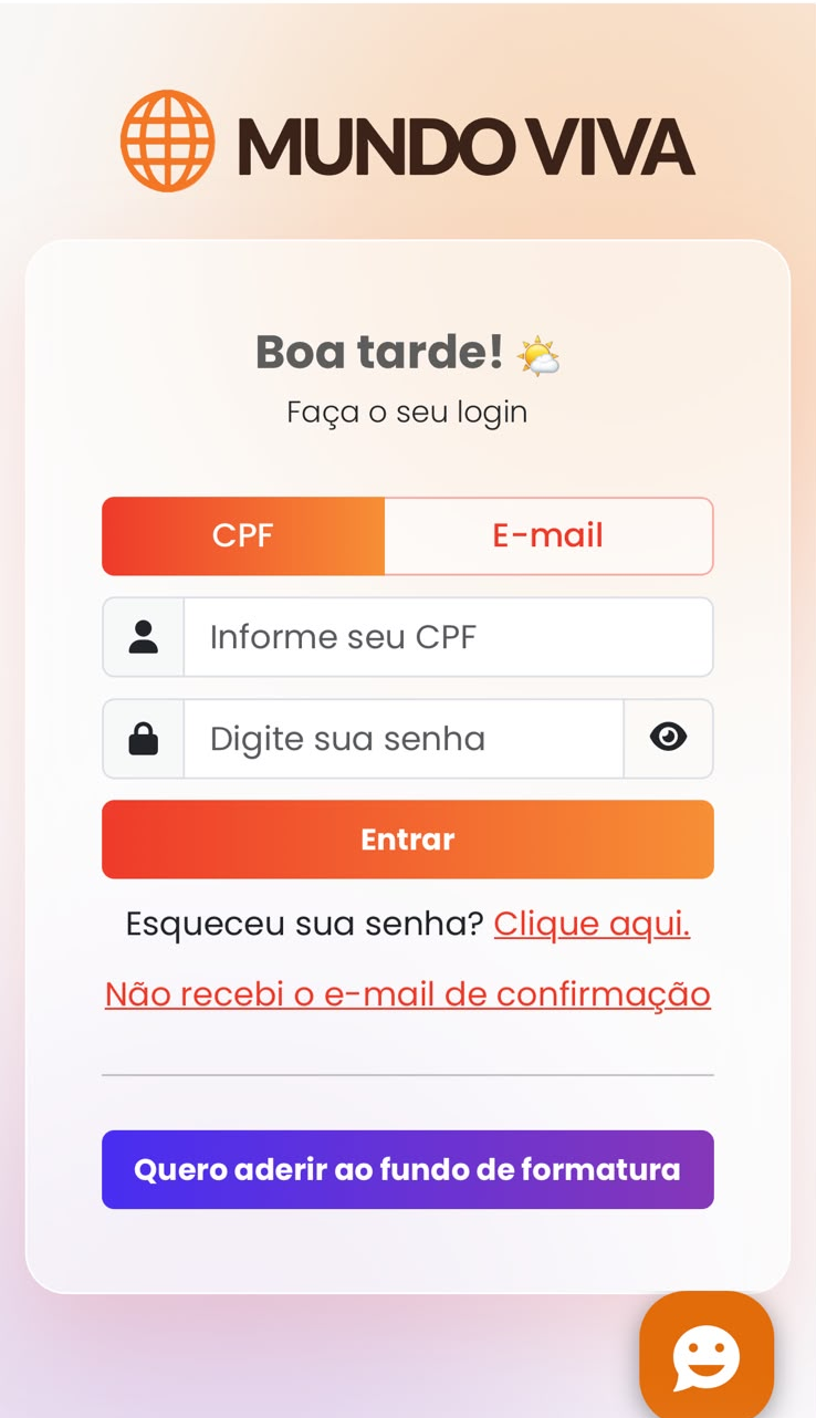 Tela de login do app Mundo VIVA