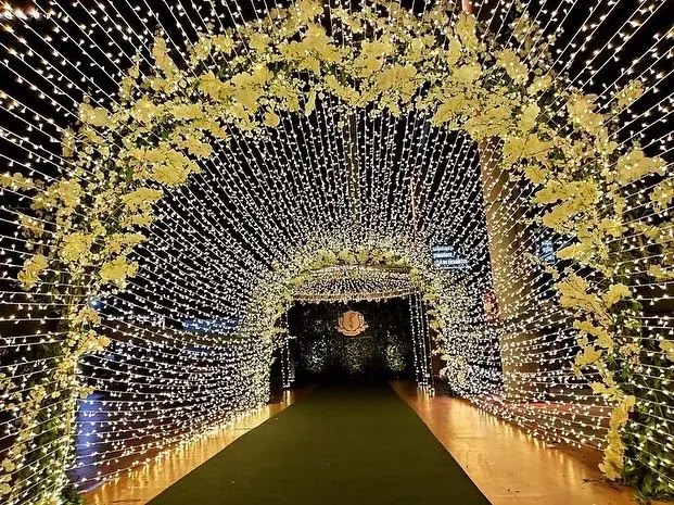 Túnel de flores e luzes na entrada do salão